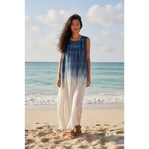 Cloth & Stone Blue Ombre Tie Dye Maxi Tank Dress L Oversized Made USA Boho